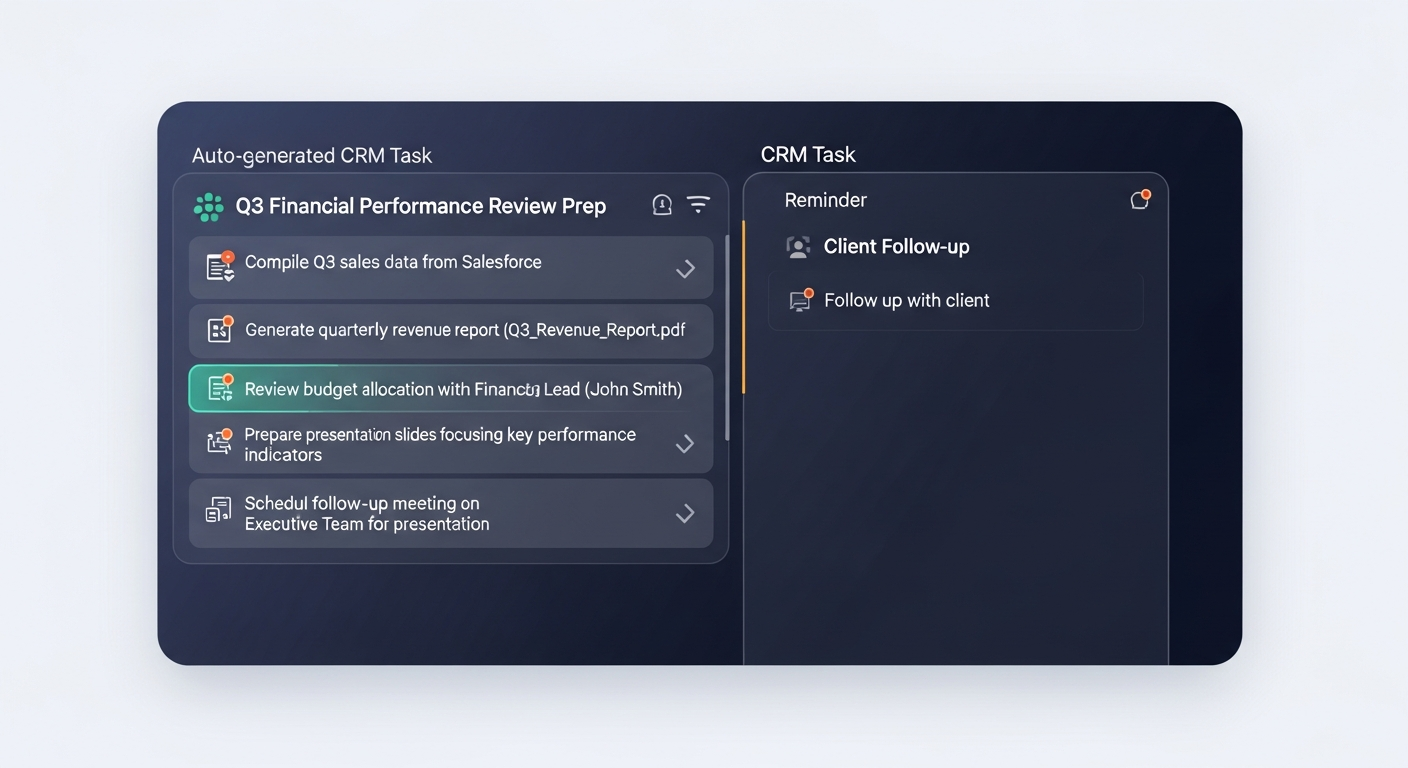 Screenshot comparison showing a detailed auto-generated CRM task with specific action items versus a generic 'follow-up' reminder