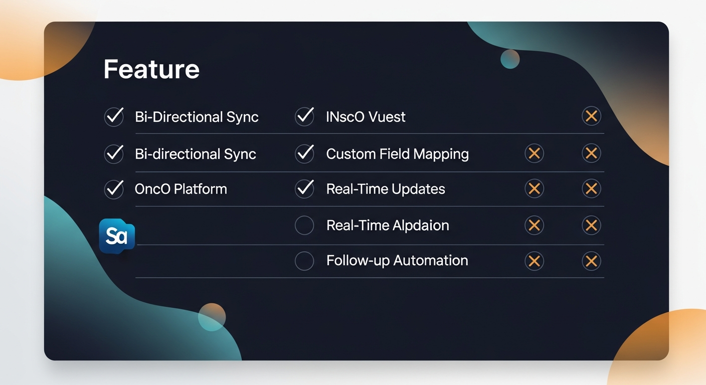 Feature comparison chart showing checkmarks and X marks across key capabilities like bi-directional sync, custom field mapping, real-time updates, and follow-up automation for each platform