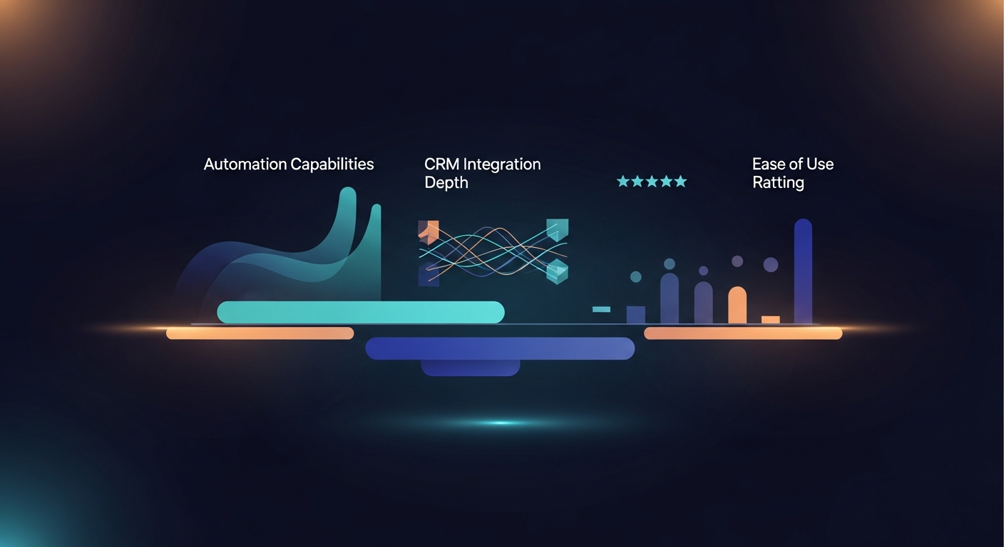 Feature comparison chart showing automation capabilities, CRM integration depth, and ease of use ratings across different platforms