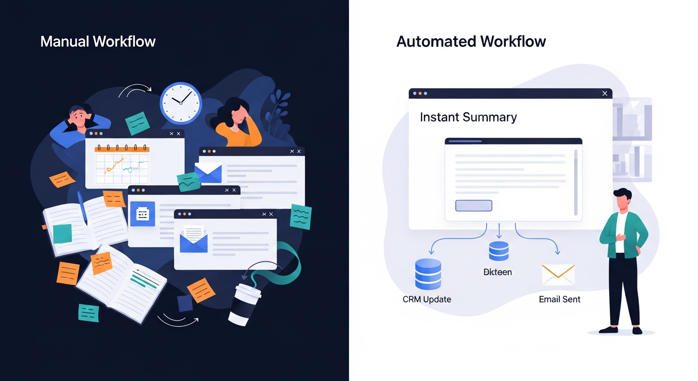 Split-screen comparison showing manual post-meeting workflow (scattered notes, multiple tools, delayed follow-up) versus automated workflow (instant summary, automatic CRM update, immediate personalized follow-up email)
