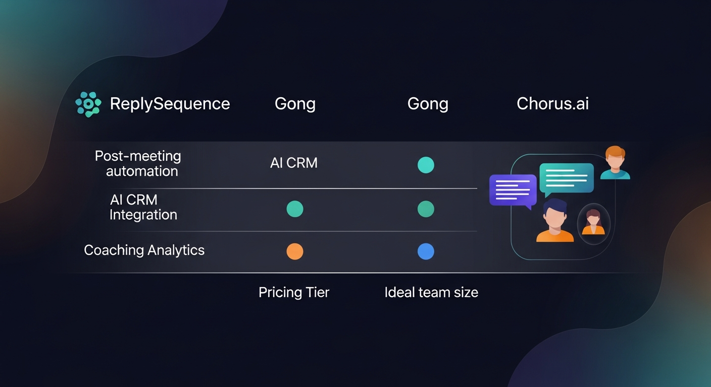 Feature comparison matrix showing ReplySequence, Gong, and Chorus.ai across key dimensions: post-meeting automation, AI CRM integration, coaching analytics, pricing tier, and ideal team size