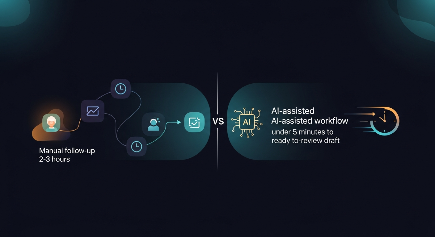 Side-by-side timeline showing a manual follow-up workflow (2-3 hours) vs. an AI-assisted workflow (under 5 minutes to a ready-to-review draft)