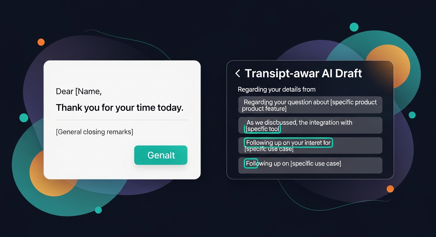Example of a generic templated follow-up email vs. a transcript-aware AI draft that references specific details from the conversation — shown as two email mockups side by side
