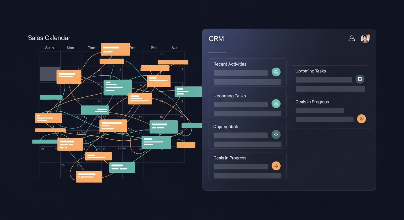 split-screen showing a chaotic rep calendar next to a CRM dashboard with empty activity fields
