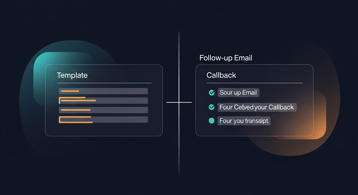 split diagram — left side shows a generic template email with placeholder fields highlighted, right side shows a follow-up email with specific call-backs from a transcript