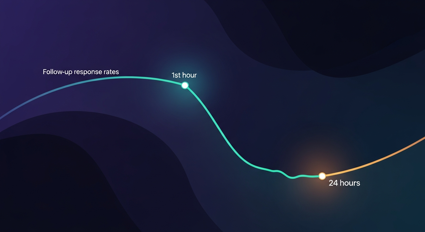 timeline graphic showing follow-up response rates declining sharply after the first hour, then again after 24 hours