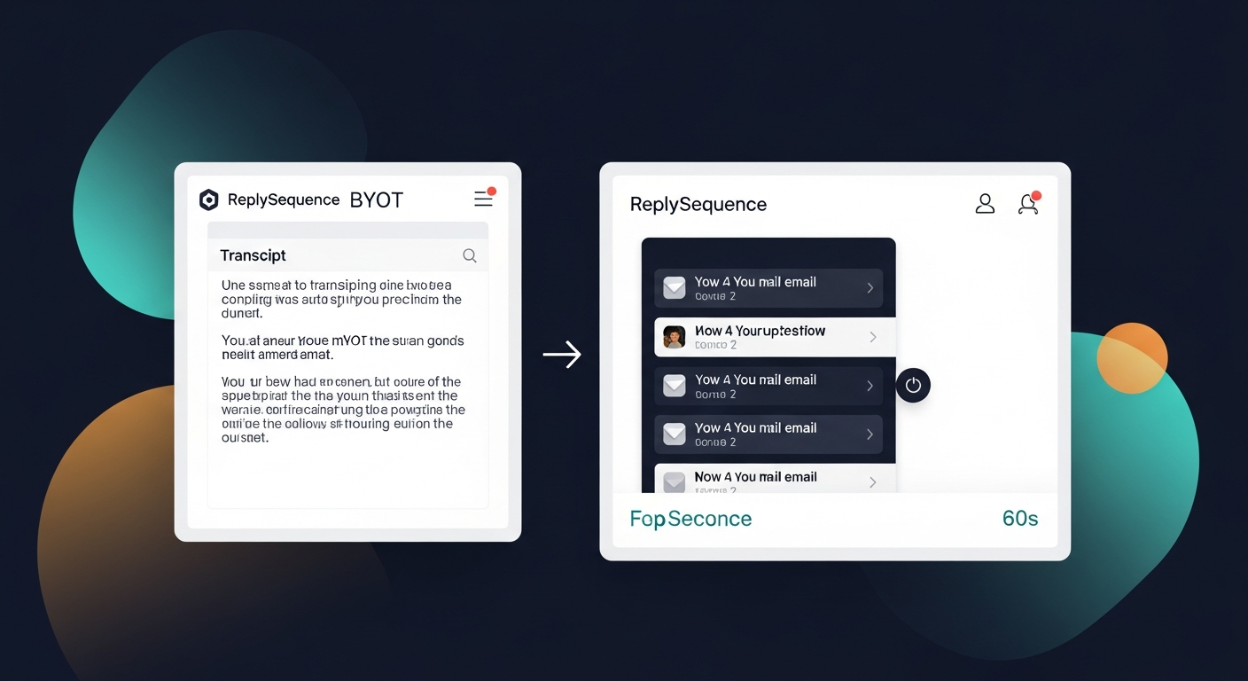 Screenshot mockup of the ReplySequence BYOT flow — a transcript pasted on the left, a formatted follow-up email sequence generated on the right, with the 60-second timer visible