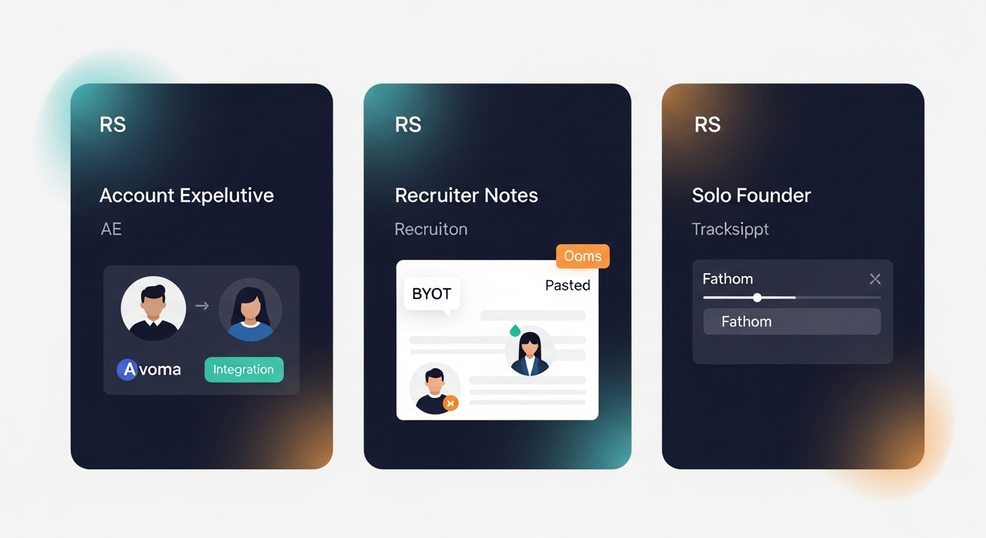 Three persona cards side by side — AE with Avoma integration, recruiter with BYOT pasted notes, solo founder with Fathom transcript — each showing the RS workflow for their specific use case