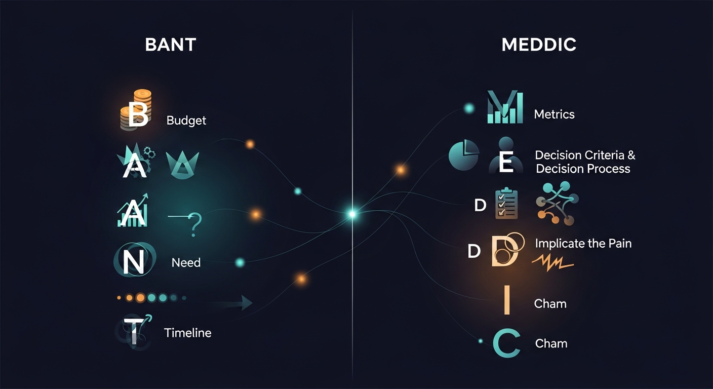 Side-by-side diagram comparing BANT and MEDDIC frameworks with their component acronym letters, color-coded for easy scanning
