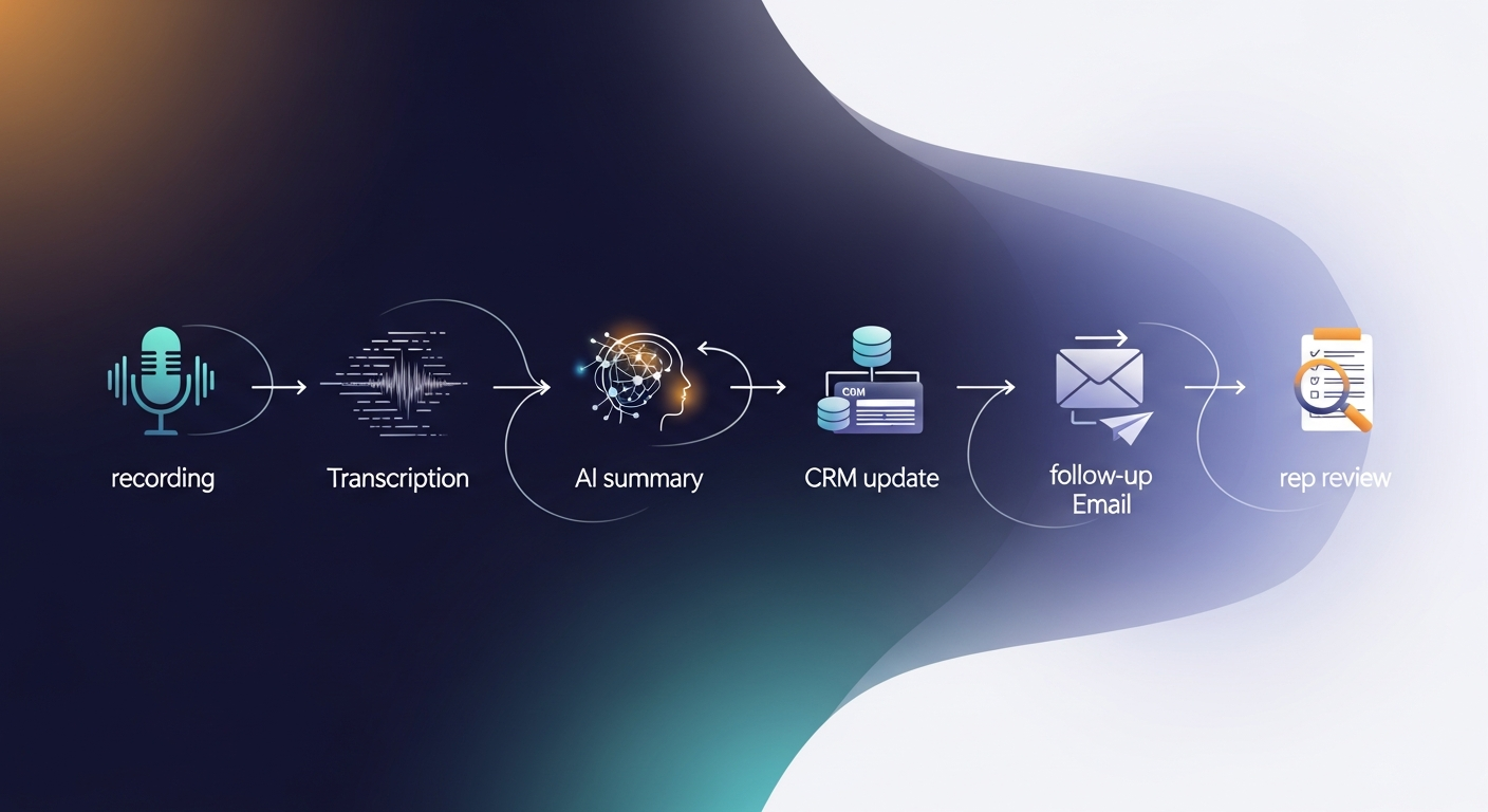 A visual flowchart showing the post-meeting workflow: recording → transcription → AI summary → CRM update → follow-up email → rep review