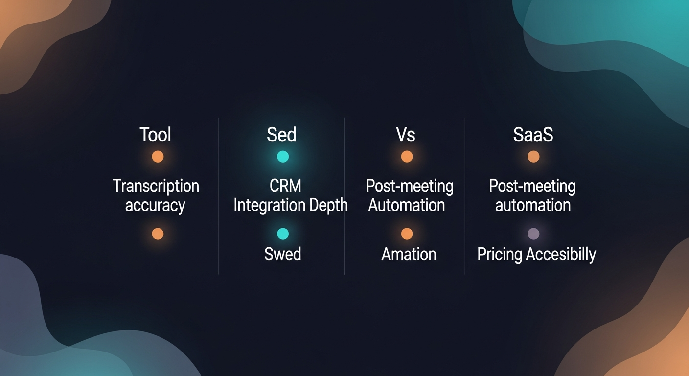 A side-by-side comparison graphic showing the five tools rated across four criteria: transcription accuracy, CRM integration depth, post-meeting automation, and pricing accessibility