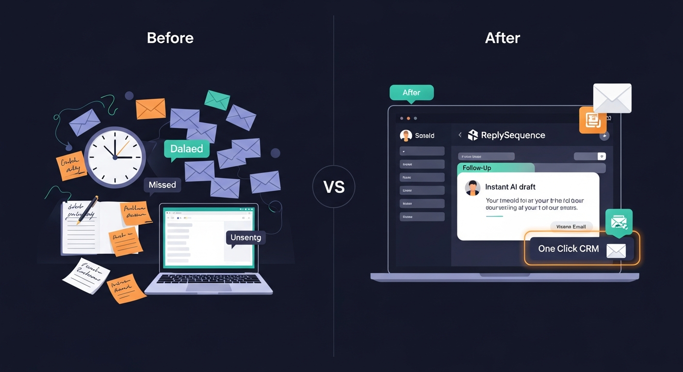 A before/after illustration showing a rep's post-meeting workflow without automation (scattered notes, delayed emails, missed action items) versus with ReplySequence (instant AI draft, one-click CRM update, immediate send)