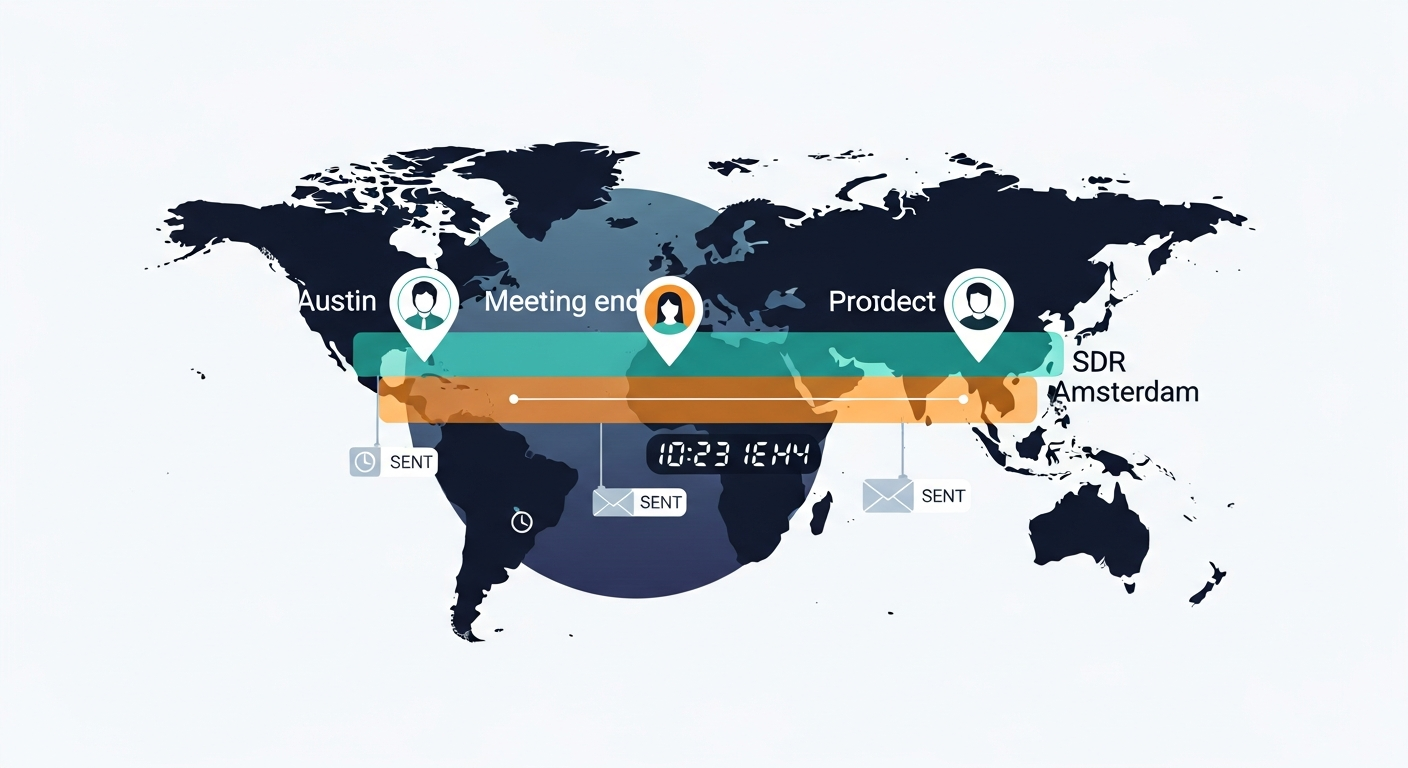 A world map with time zone bands highlighted, showing an AE in Austin, a prospect in London, and an SDR in Amsterdam — with email timestamps showing the delay gap between meeting end and follow-up sent