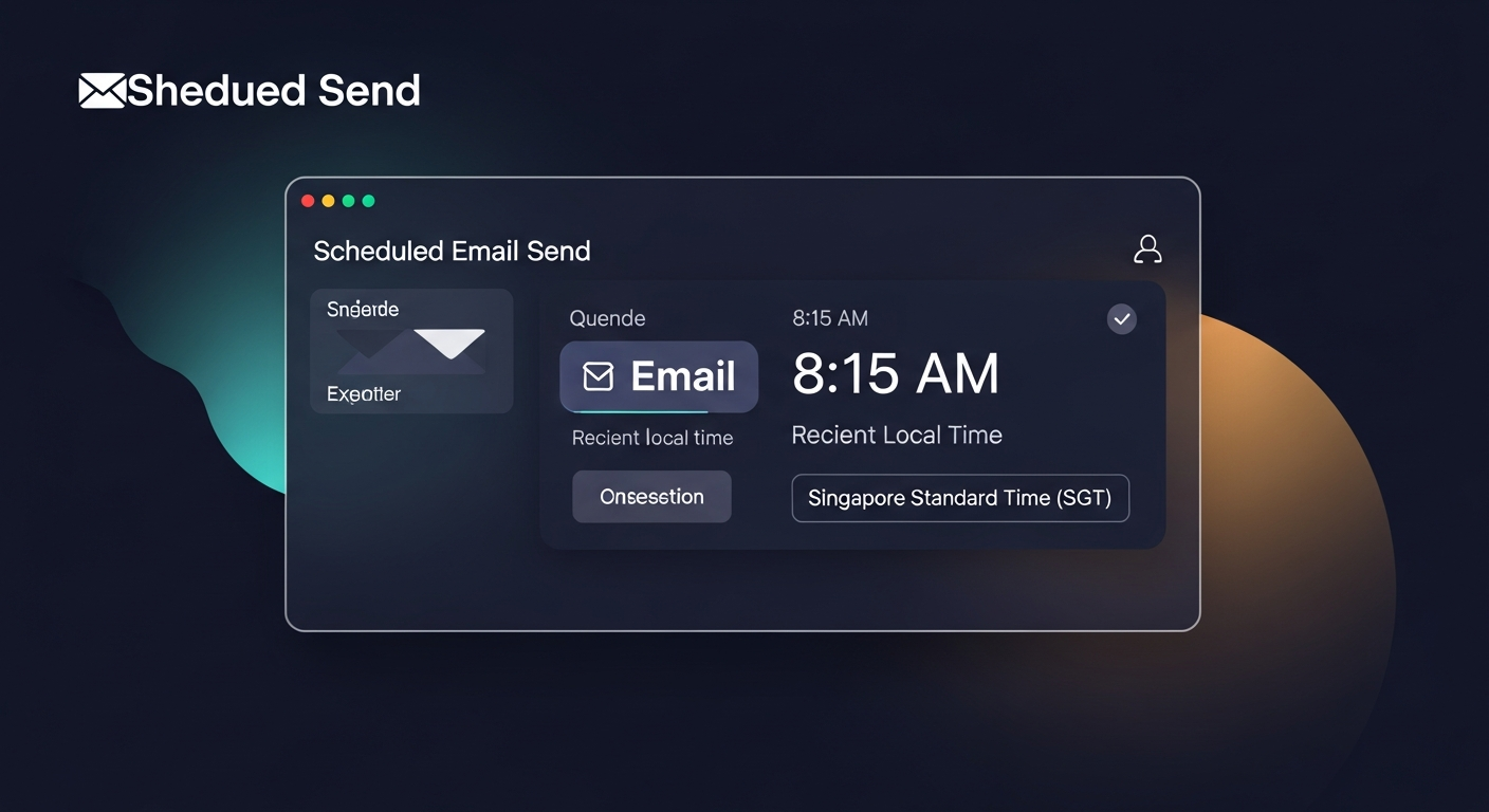 Screenshot mockup of a scheduled email send interface showing an email queued for 8:15 AM recipient local time, with a timezone indicator showing 