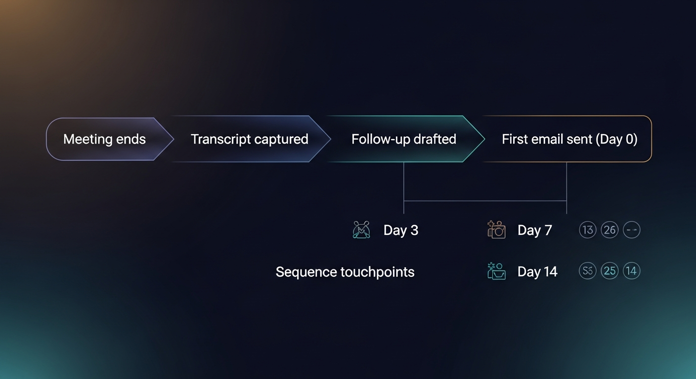 A simple flow diagram showing: Meeting ends → Transcript captured → Follow-up drafted → First email sent (Day 0) → Sequence touchpoints at Day 3, Day 7, Day 14, with timezone scheduling icons on each step