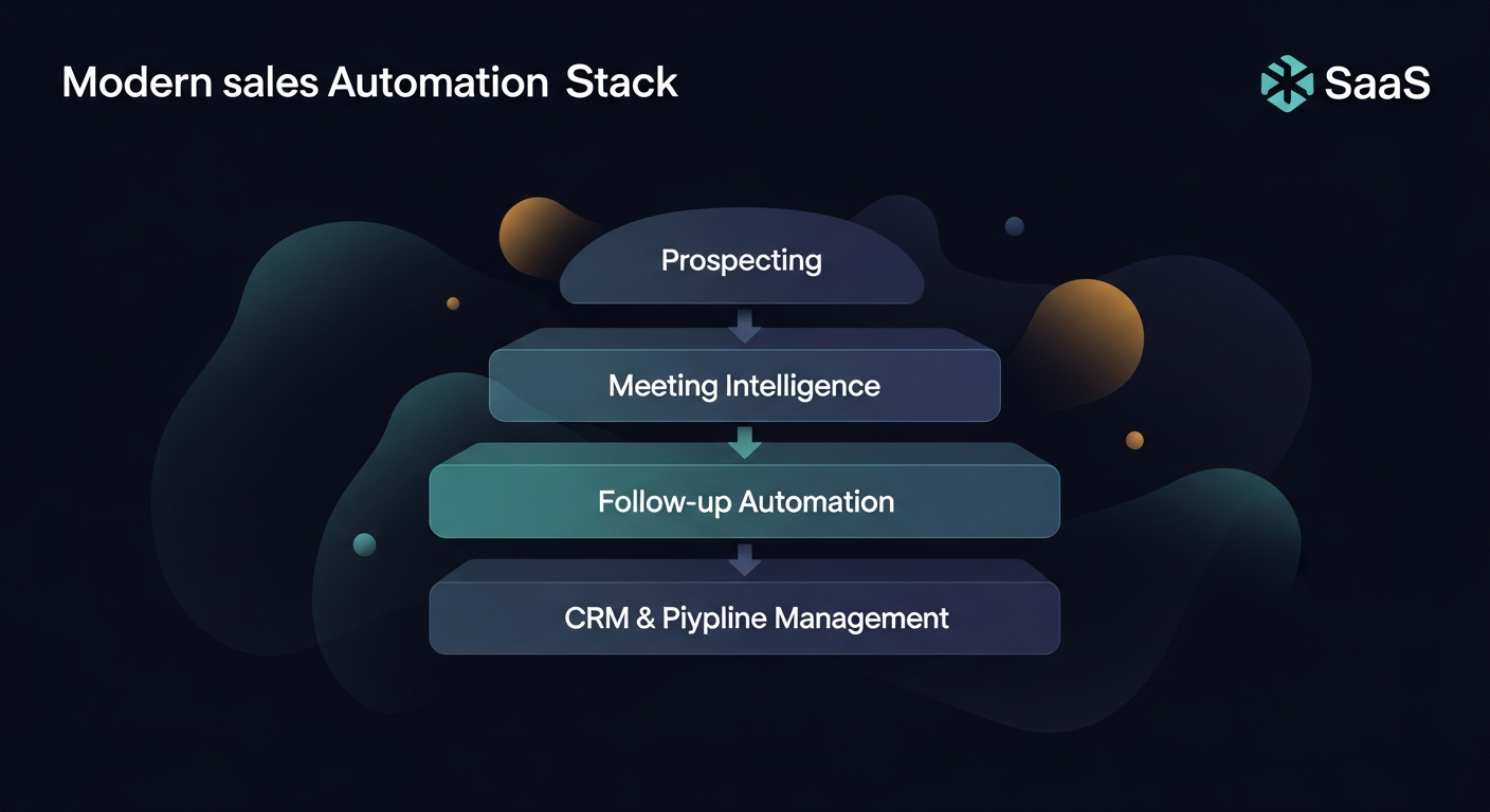 A visual diagram showing the modern sales automation stack broken into layers: prospecting, meeting intelligence, follow-up automation, CRM & pipeline management