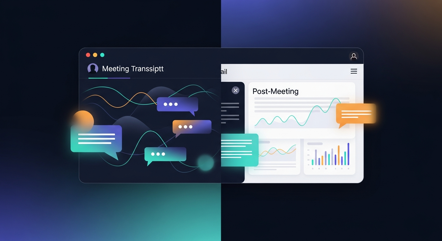 Screenshot mockup showing an AI-generated post-meeting follow-up email alongside the meeting transcript it was generated from