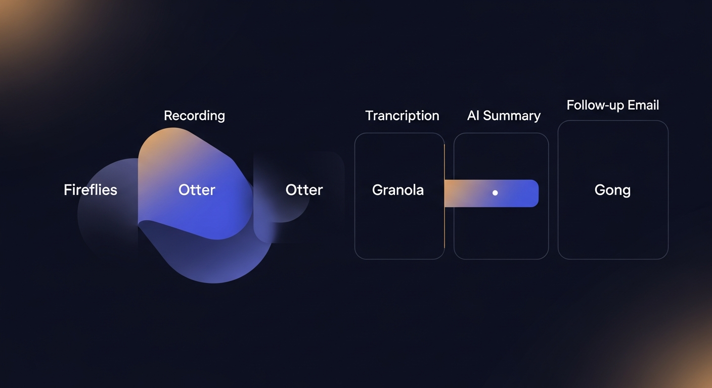 Side-by-side comparison of Fireflies, Otter, Granola, and Gong showing their feature coverage across four categories: Recording, Transcription, AI Summary, and Follow-up Email — with a clear visual gap in the last column for all tools
