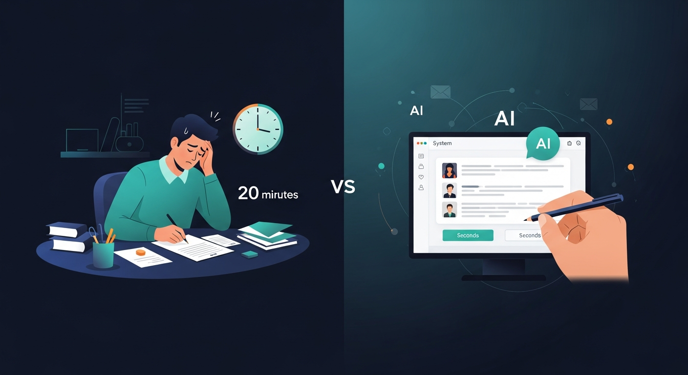 Split-screen comparison showing a sales rep manually writing a follow-up email (cluttered desk, stressed expression, clock showing 20 minutes elapsed) versus an AI system automatically generating a personalized follow-up in seconds