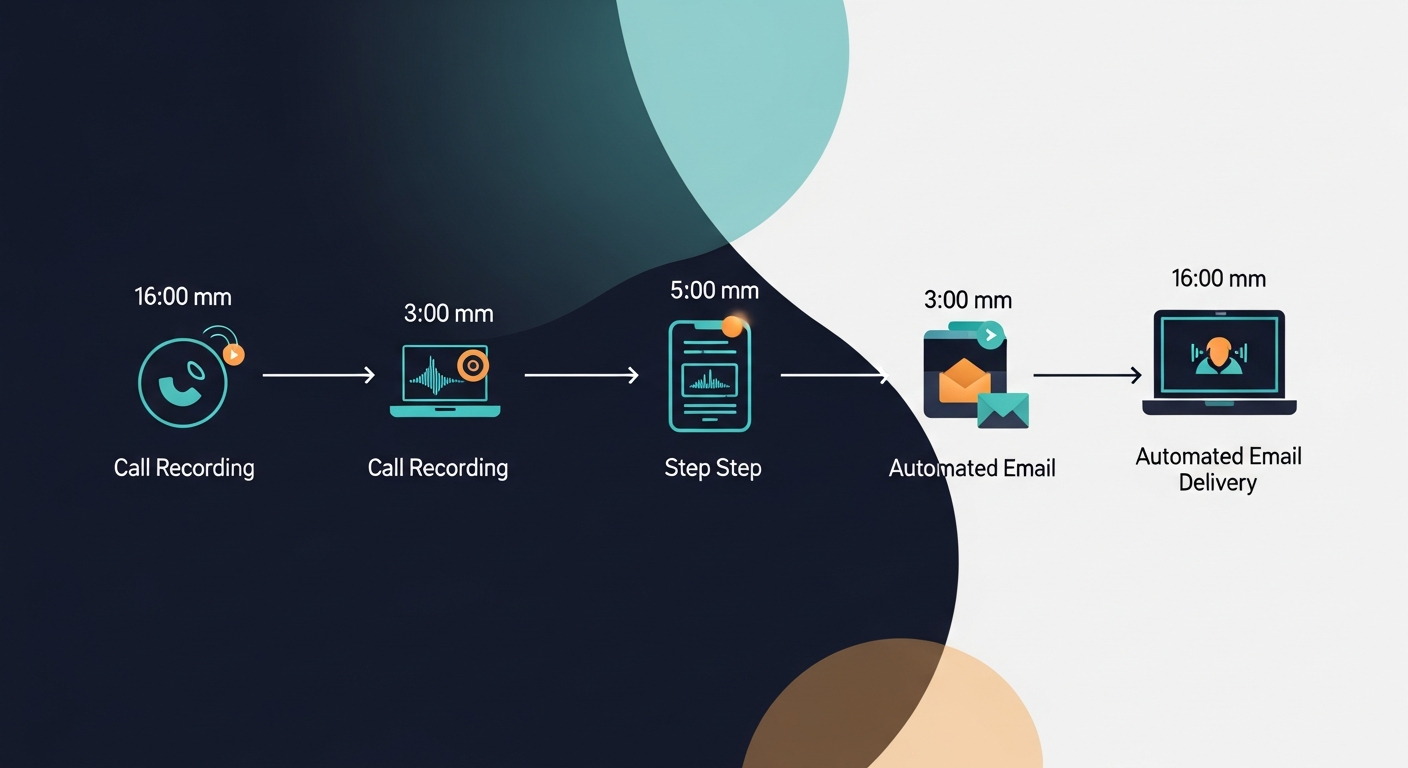 Workflow diagram showing the five-step process from call recording to automated email delivery, with time stamps showing the speed of each stage