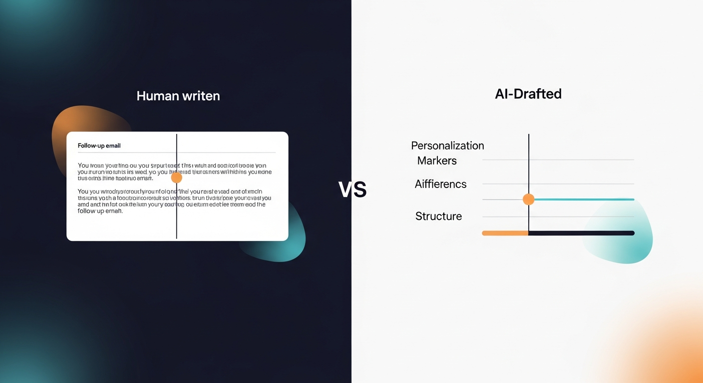 A side-by-side comparison graphic showing a human-written vs AI-drafted follow-up email, highlighting speed, personalization markers, and structure differences