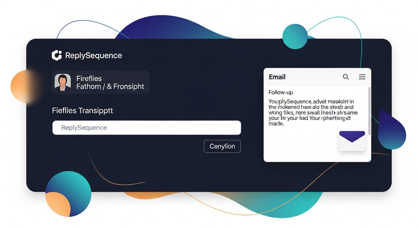 Screenshot mockup showing a Fireflies or Fathom transcript being pasted into the ReplySequence input field, with a follow-up email draft appearing on the right side
