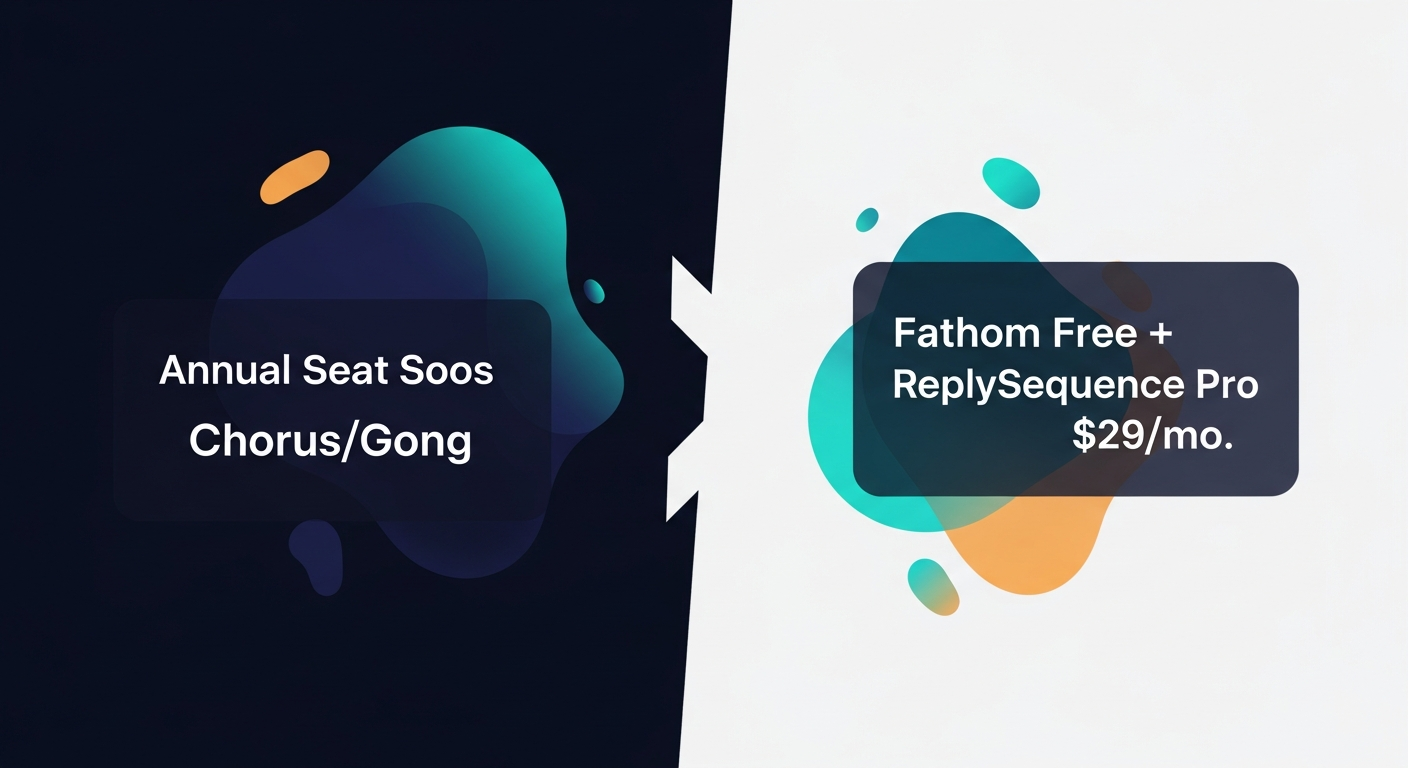 Simple cost comparison visual — Chorus/Gong annual seat cost vs. Fathom free + ReplySequence Pro $29/mo, showing the gap