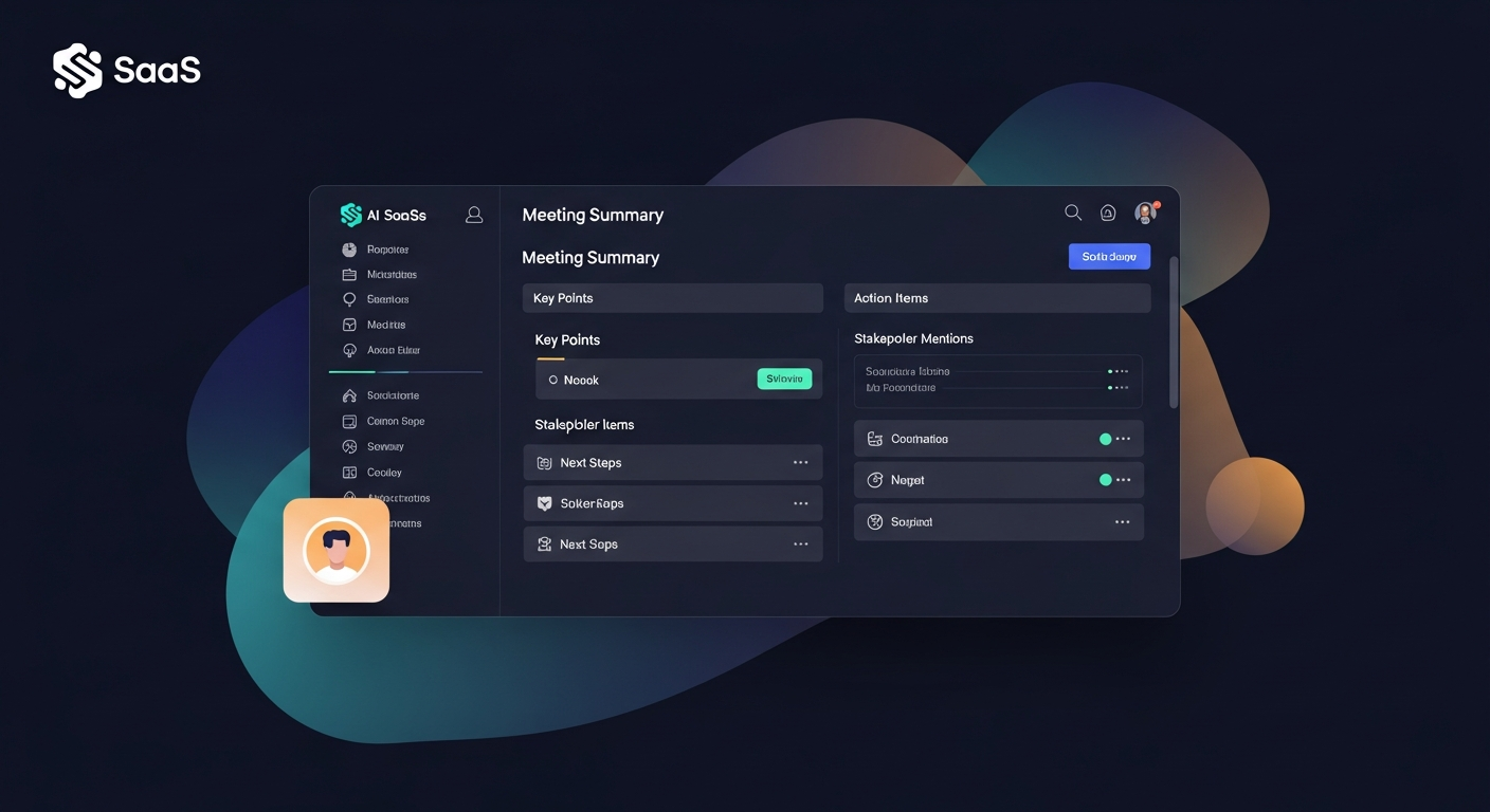 Dashboard screenshot showing an AI-generated meeting summary with sections for key points, action items, stakeholder mentions, and next steps, all formatted cleanly for quick scanning