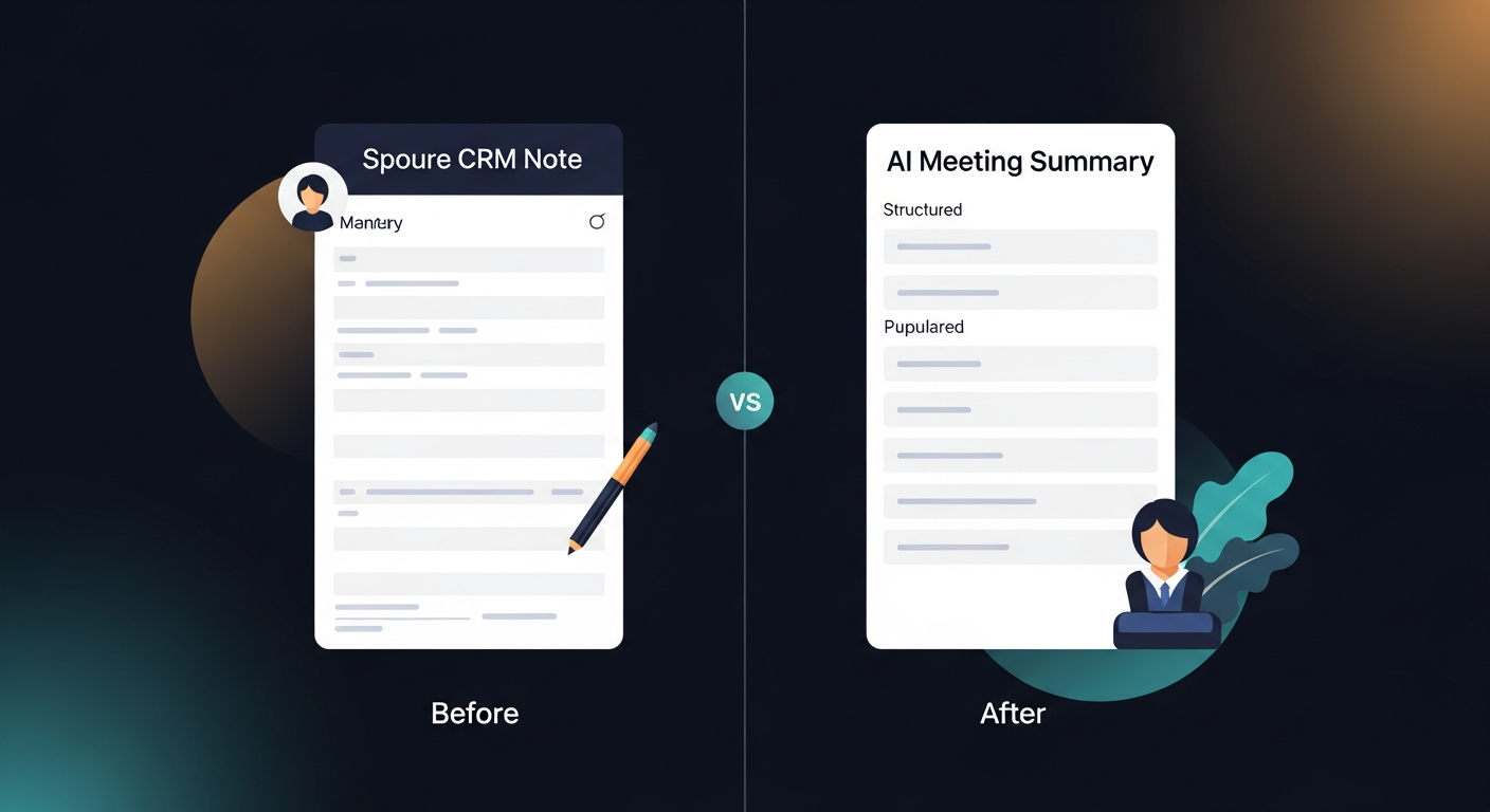 Before/after comparison showing a messy, incomplete manual CRM note entry versus a clean, structured, comprehensive AI-generated meeting summary with all key fields populated