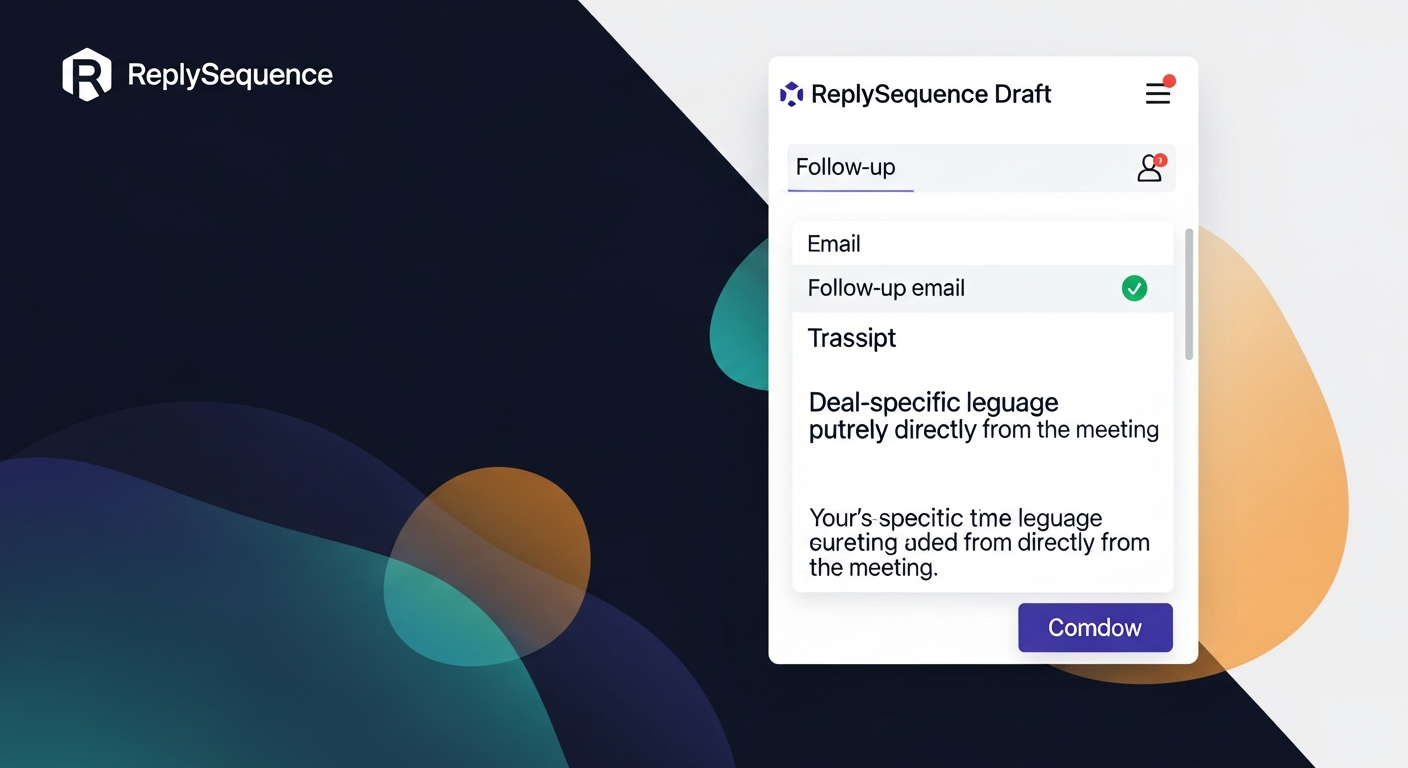 Screenshot mockup of a ReplySequence draft interface showing a follow-up email generated from a transcript, with deal-specific language pulled directly from the meeting