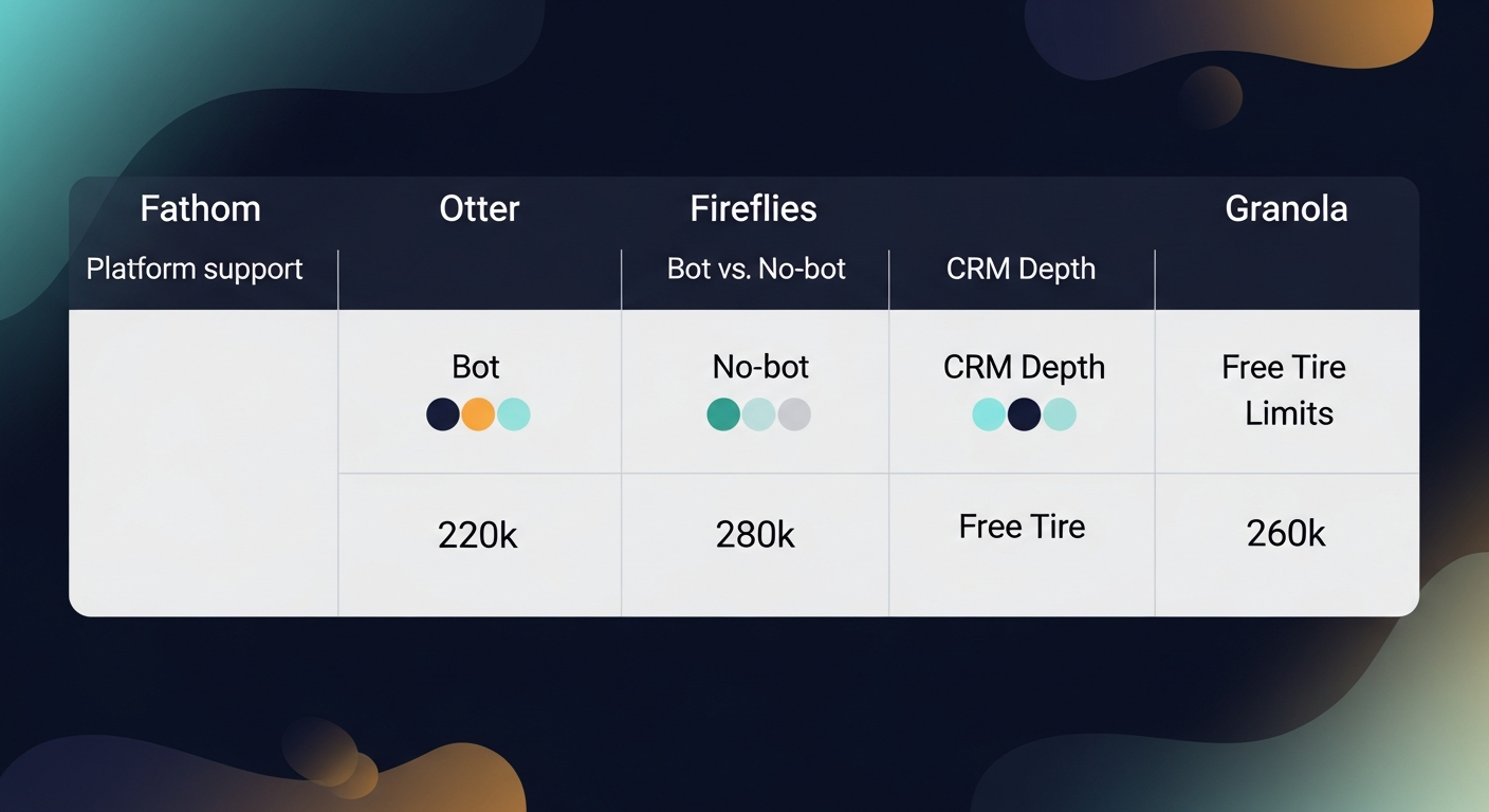 Side-by-side comparison grid of Fathom, Otter, Fireflies, and Granola showing key differentiators: platform support, bot vs. no-bot, CRM depth, and free tier limits
