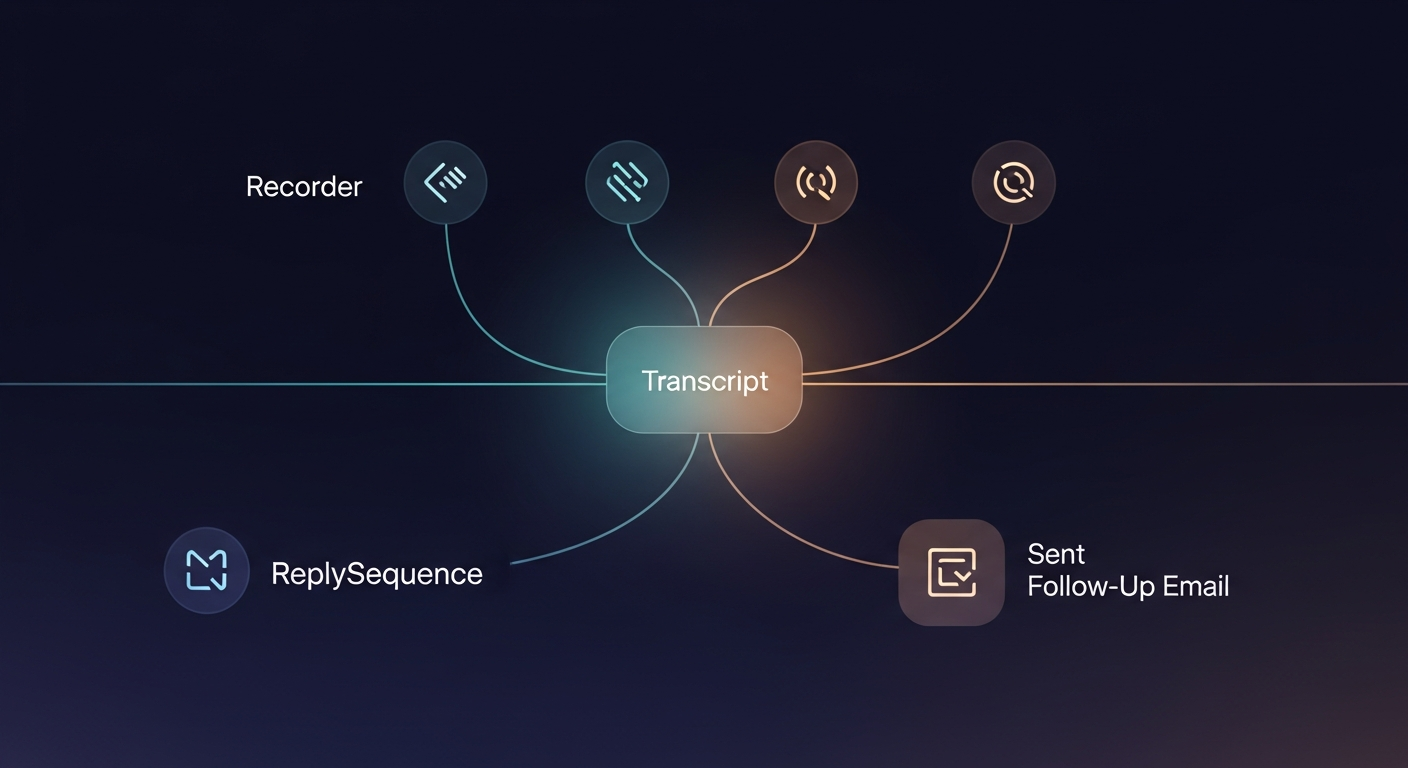 Simple workflow diagram showing the two-layer stack: Recorder (Fathom/Otter/Fireflies/Granola) → Transcript → ReplySequence → Sent Follow-Up Email