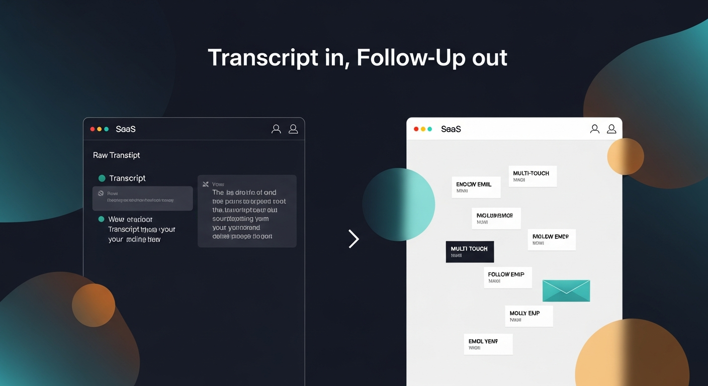 Screenshot mockup showing a raw transcript on the left side and a polished multi-touch follow-up email sequence on the right, illustrating the 