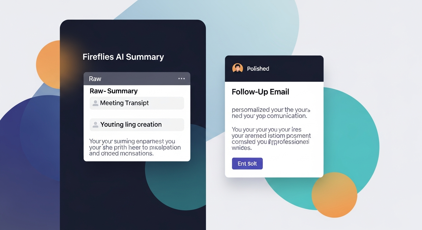 Side-by-side screenshot showing a Fireflies AI summary panel on the left versus a polished, personalized follow-up email draft on the right, illustrating the gap between transcript and sent email