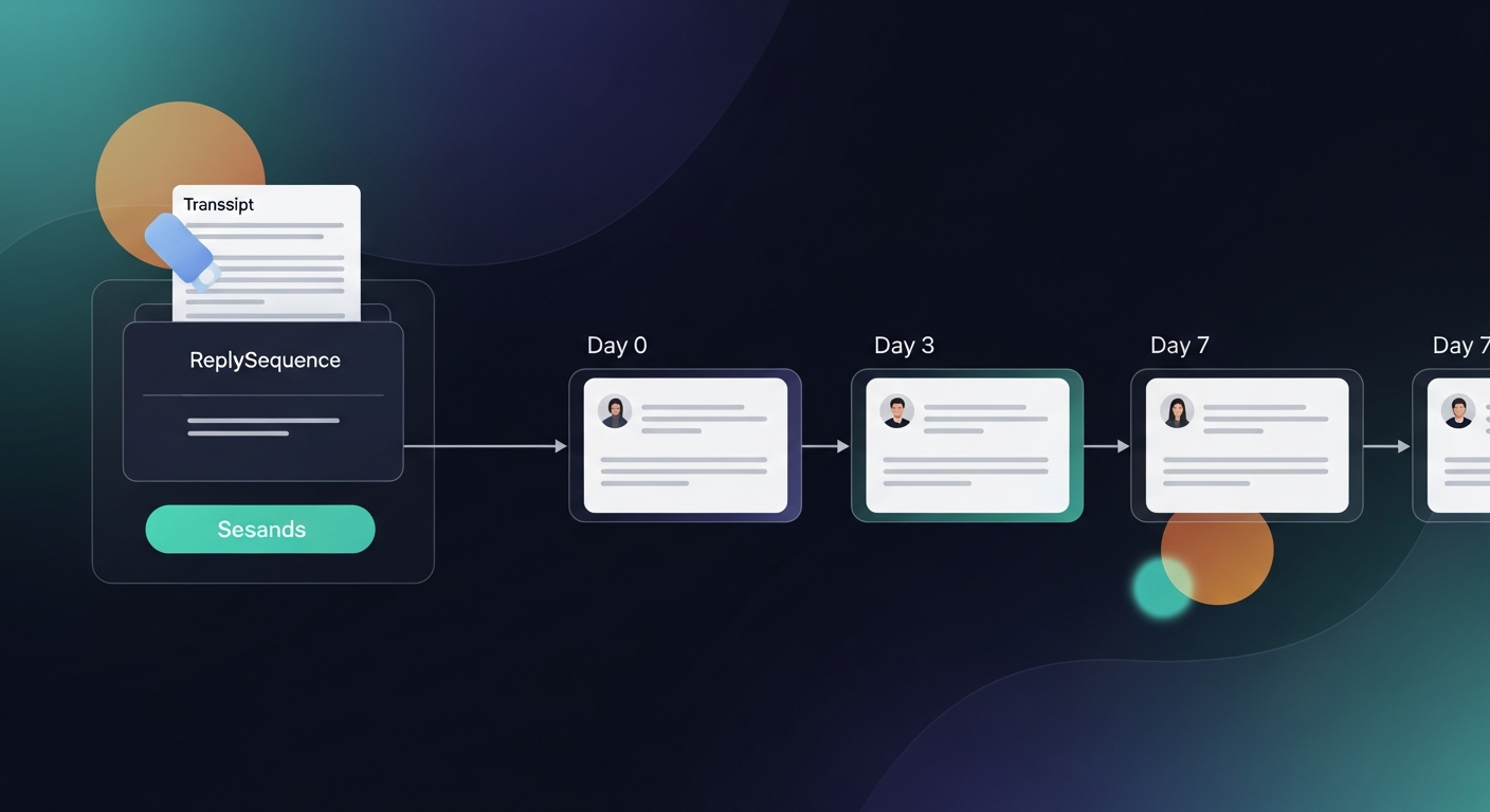 Animated flow diagram showing transcript pasted into ReplySequence, then three follow-up email drafts appearing in sequence, labeled Day 0, Day 3, Day 7