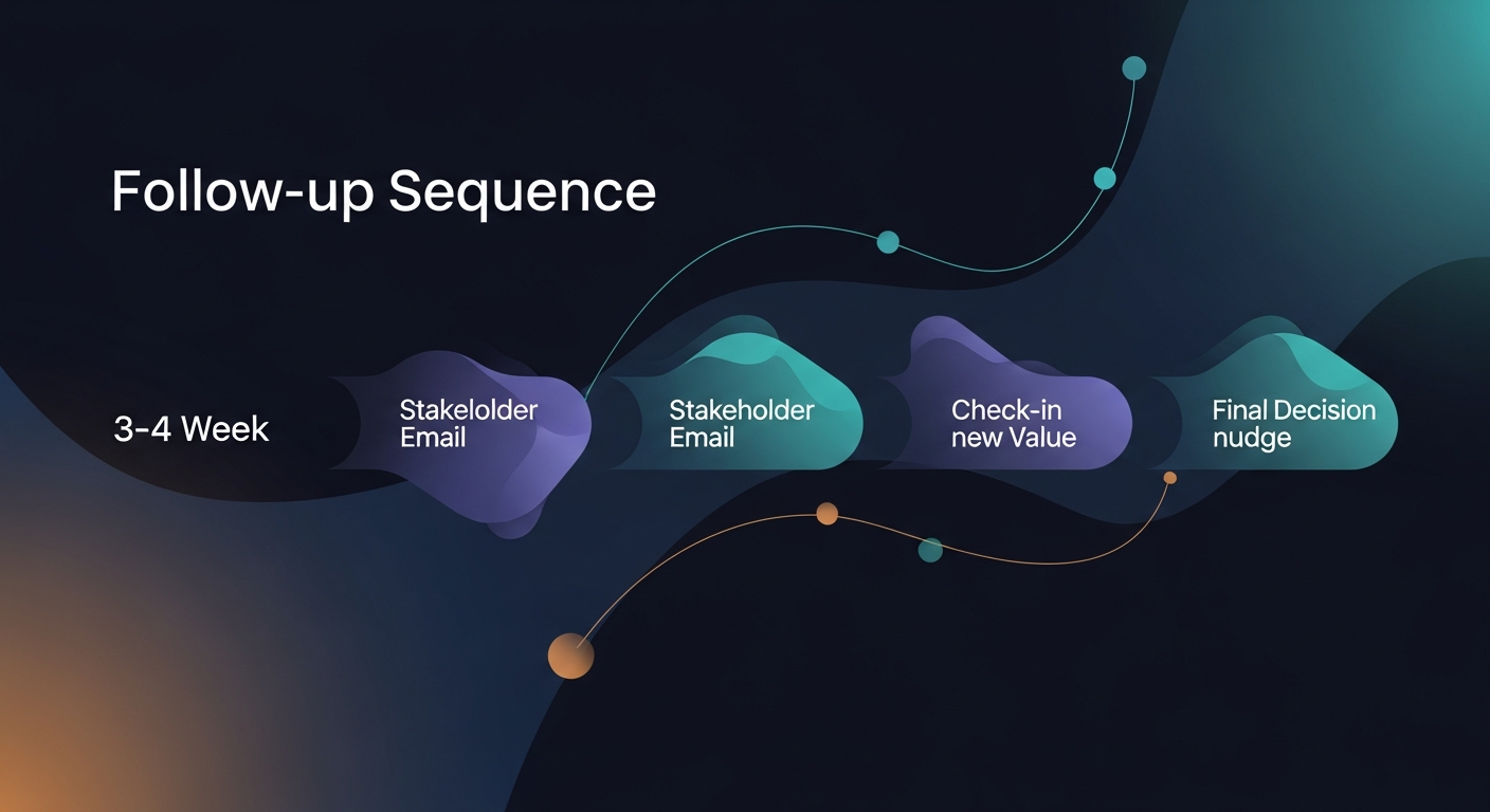 A visual showing the follow-up sequence arc for an enterprise deal — initial follow-up, stakeholder email, check-in with new value, final decision-nudge — mapped across a 3-4 week timeline