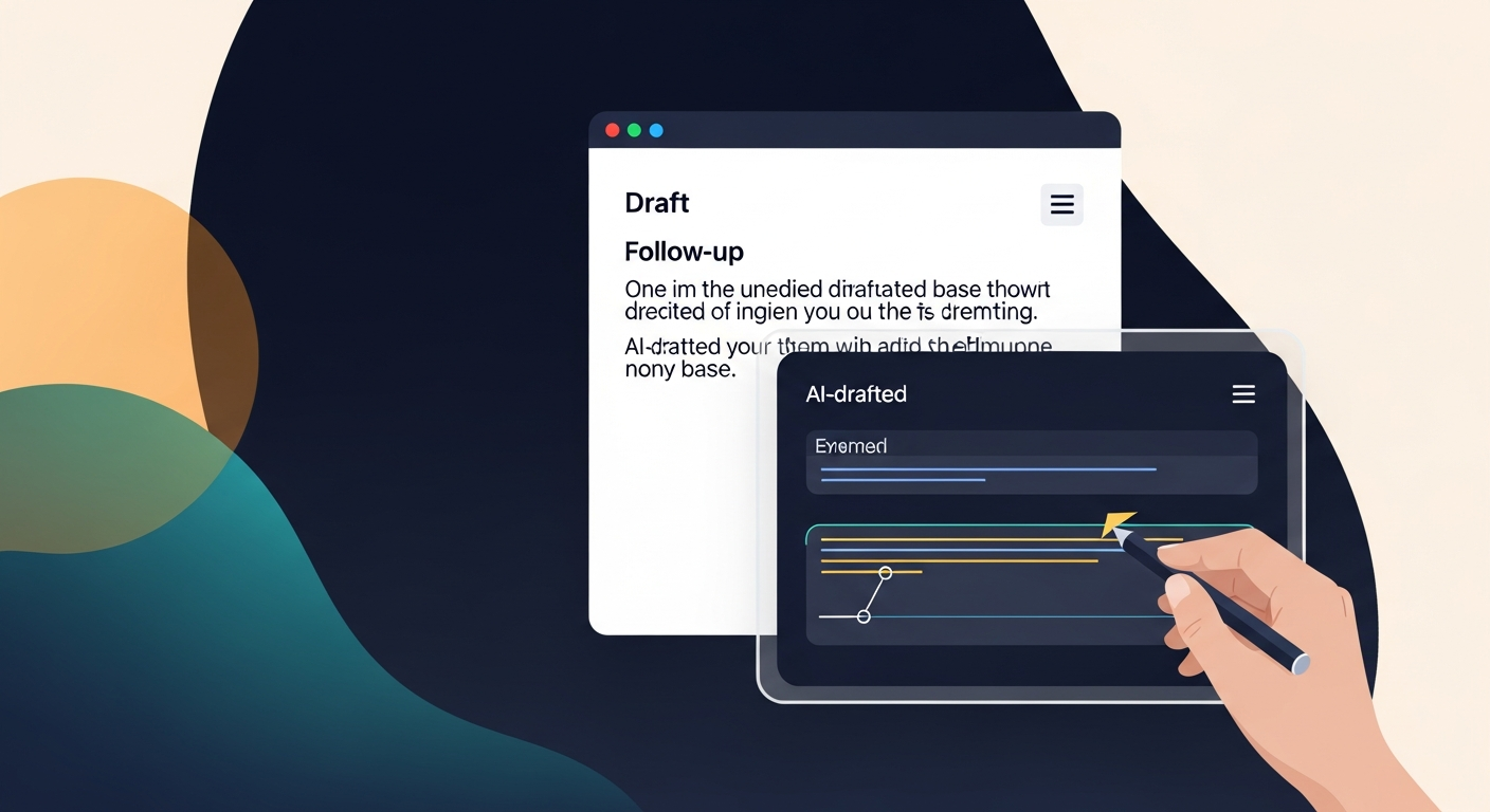 Screenshot mockup of a draft follow-up email with inline edits being made — showing the human refinement layer on top of an AI-drafted base