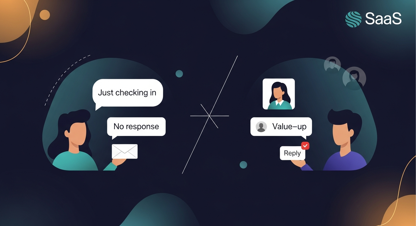 A split-screen illustration showing two salespeople — one sending a generic 