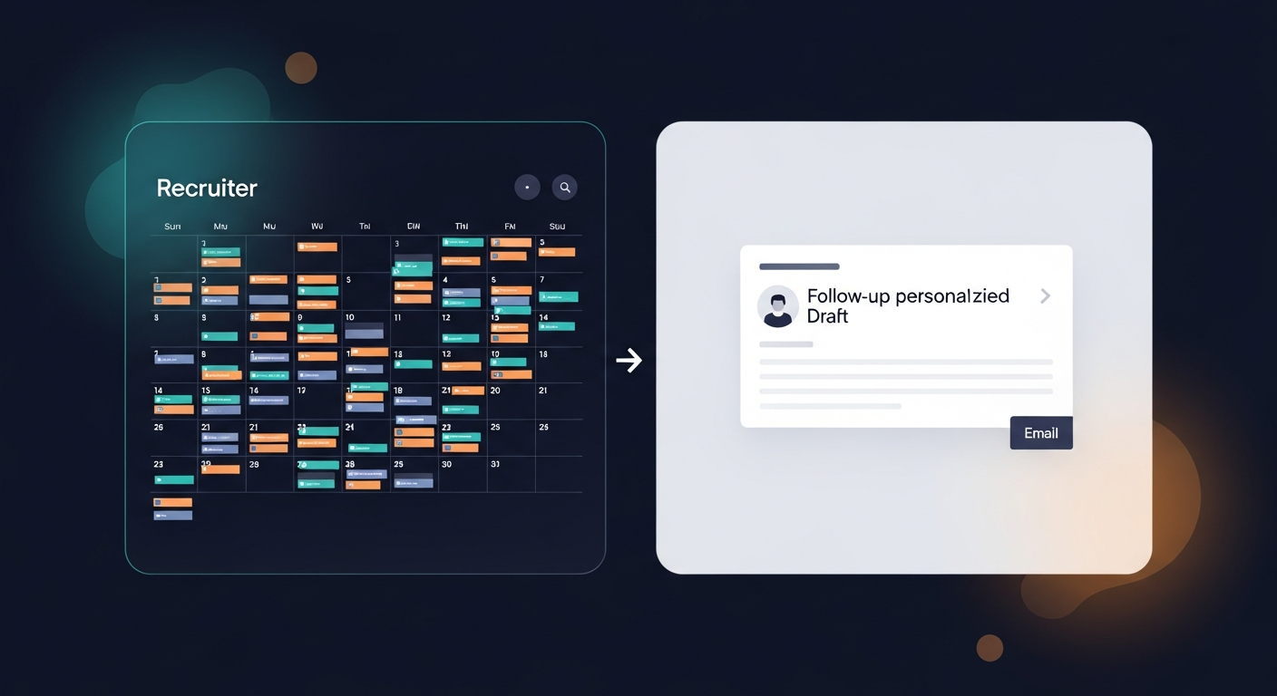 A split-screen showing a recruiter's calendar packed with interviews on the left, and a short personalized follow-up email draft on the right — illustrating the contrast between volume and the simplicity of the output needed