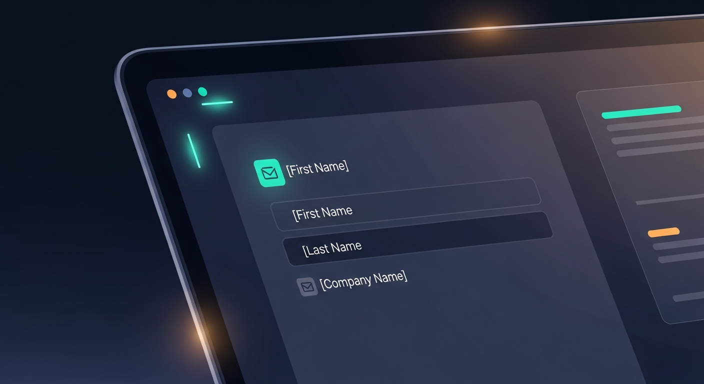 A close-up of a laptop screen with an email draft open, showing specific placeholder fields like [First Name
