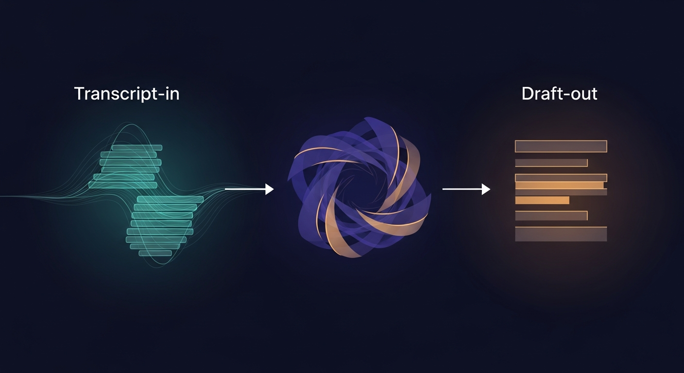diagram showing transcript-in → draft-out flow in three steps