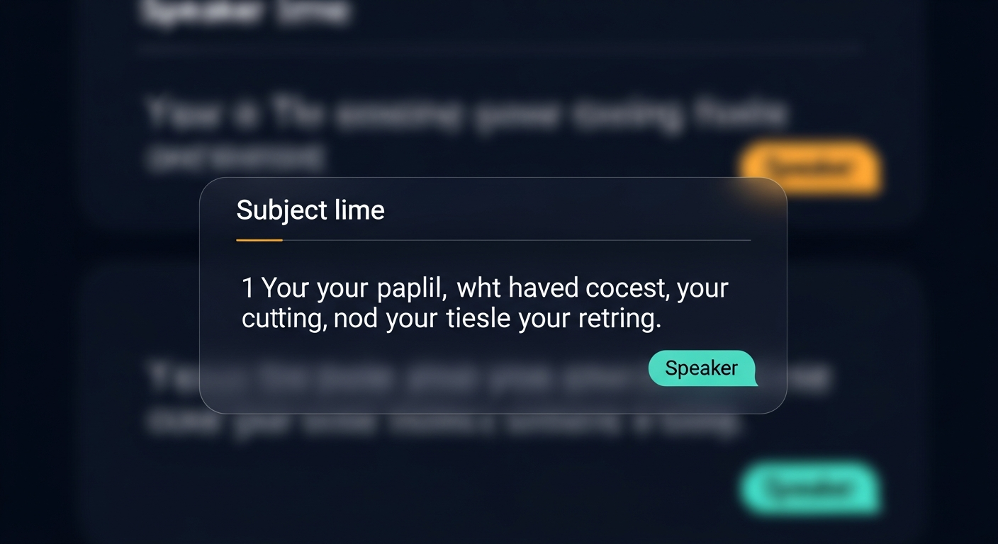 screenshot mock of a generated subject line + first paragraph with speaker labels visible in background