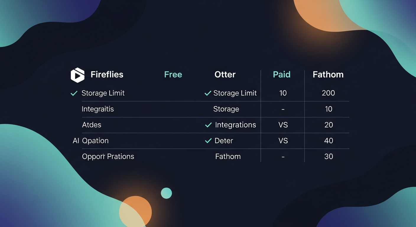 Side-by-side comparison table showing free vs paid features for Fireflies, Otter, and Fathom — storage limits, integrations, and AI features highlighted