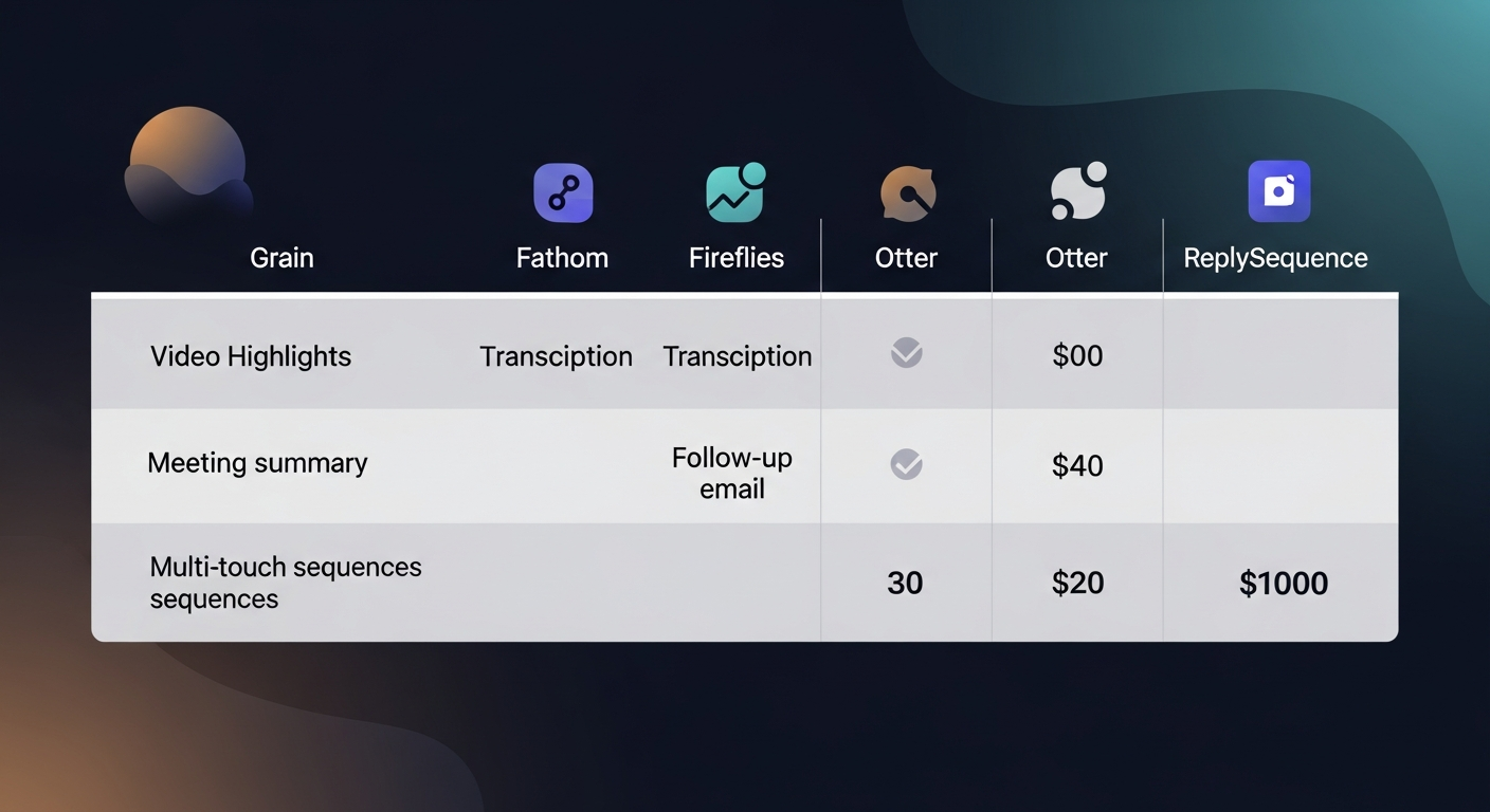 Comparison matrix showing Grain, Fathom, Fireflies, Otter, and ReplySequence across dimensions: video highlights, transcription, meeting summary, follow-up email, multi-touch sequences, pricing