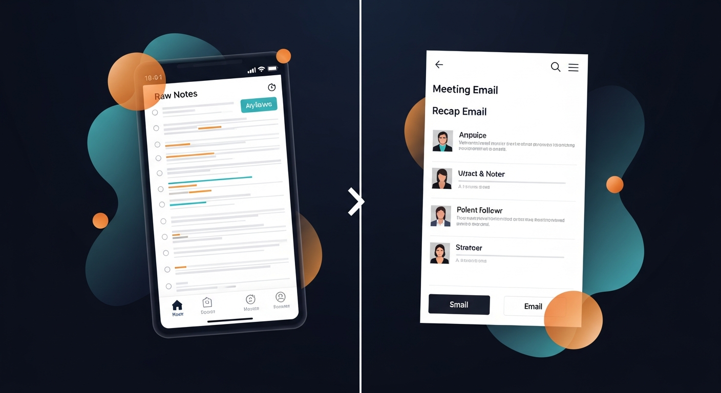 Split-screen showing a cluttered notes app on the left and a clean, structured recap email on the right, illustrating the gap between raw meeting notes and a polished client follow-up