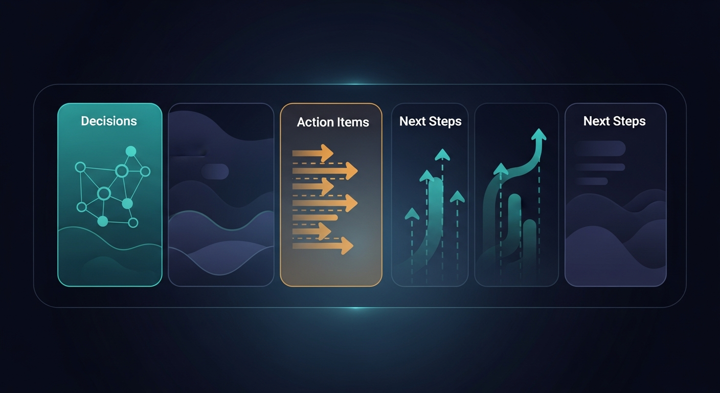 Example agency recap email showing the five-part structure with color-coded sections for decisions, action items, and next steps