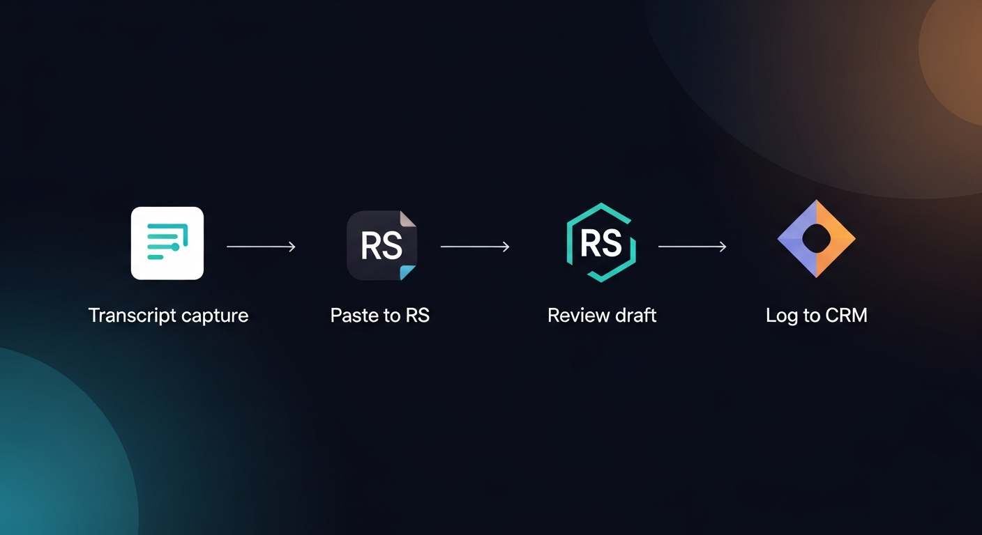 Diagram showing the four-step workflow: Transcript capture → Paste to RS → Review draft → Log to CRM, with tool logos at each stage