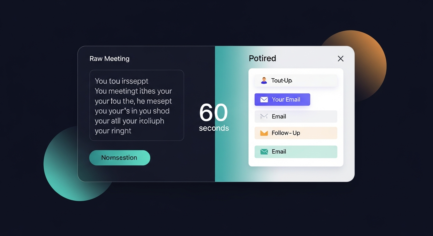 Split-screen showing a raw meeting transcript on the left and a polished follow-up email sequence on the right, with a timer showing 60 seconds