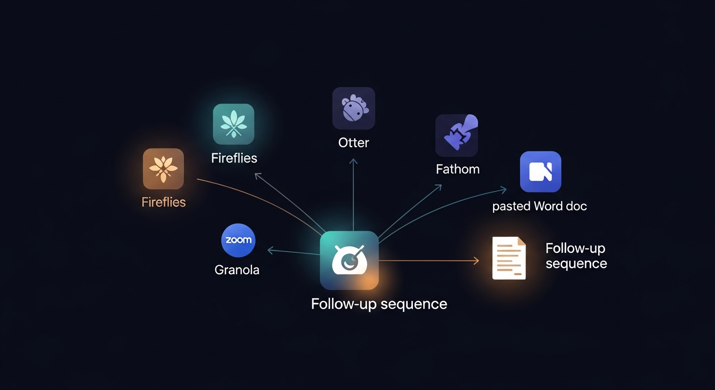 Diagram showing multiple transcript sources (Fireflies, Otter, Fathom, Granola, Zoom, a pasted Word doc) all feeding into a single follow-up sequence output