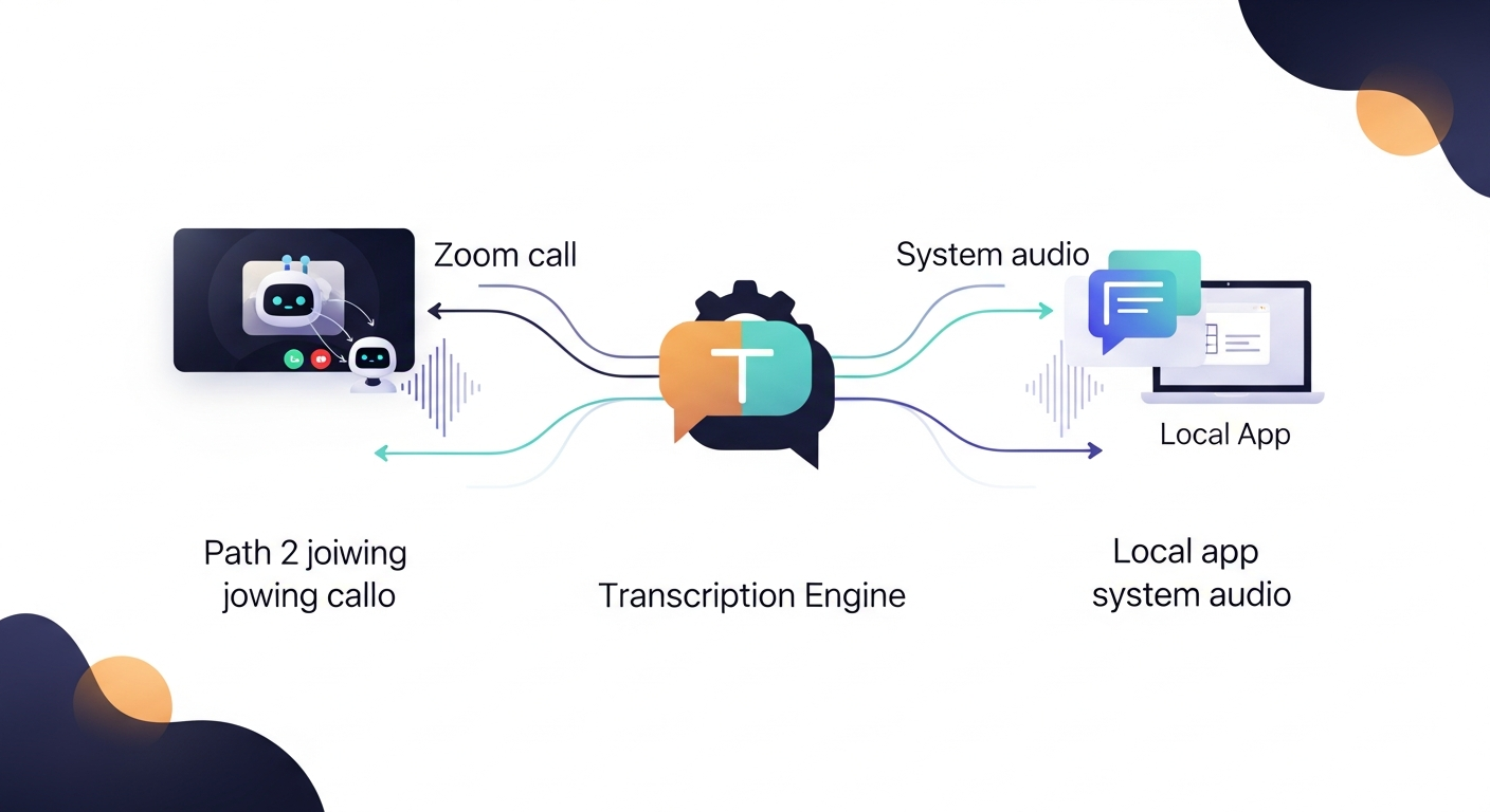 Diagram showing two audio capture paths — bot joining a Zoom call vs. local app capturing system audio — both feeding into a transcription engine